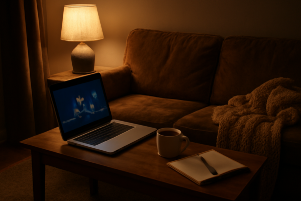 Ruang tamu malam dengan laptop menyala dan catatan kecil untuk menonton film komedi indie