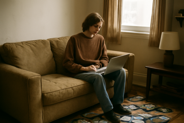 Seseorang duduk di sofa apartemen kecil dikelilingi DVD dan laptop, menggambarkan suasana menonton film indie