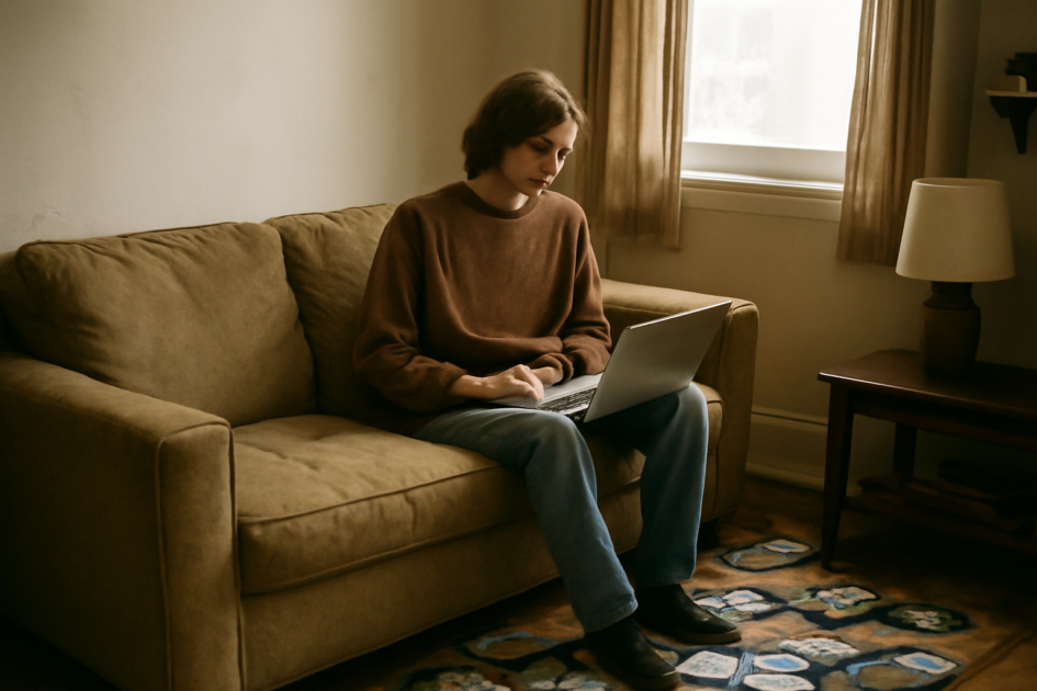 Seseorang duduk di sofa apartemen kecil dikelilingi DVD dan laptop, menggambarkan suasana menonton film indie