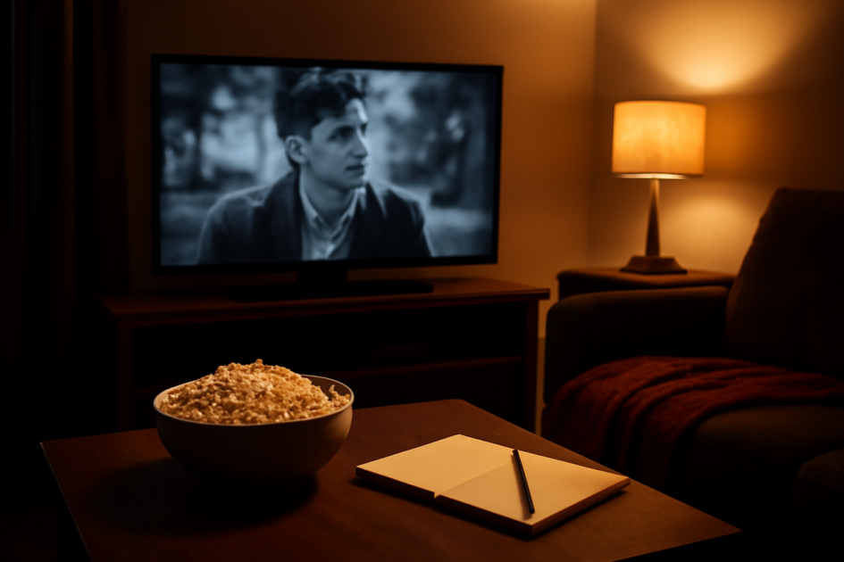 Suasana ruang tamu dengan televisi menampilkan film hitam putih yang dijeda, semangkuk popcorn, dan selimut