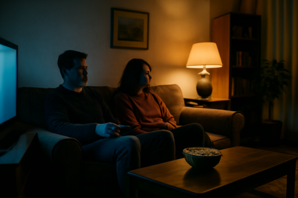 Dua orang duduk di sofa memilih film komedi indie untuk ditonton malam hari