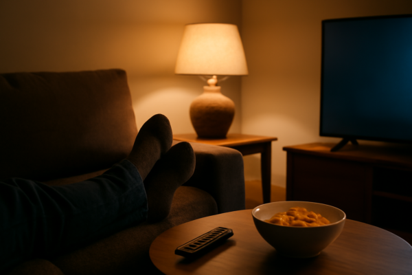 Suasana ruang keluarga malam hari dengan sofa dan camilan untuk menonton film komedi indie ringan setelah kerja