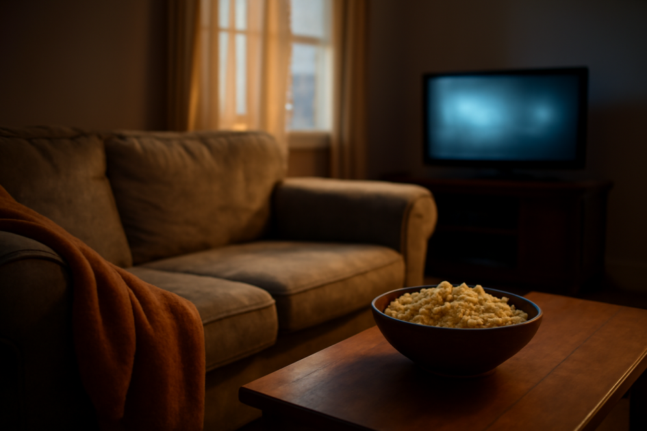 Ruang tamu dengan sofa dan semangkuk popcorn untuk menonton film komedi indie