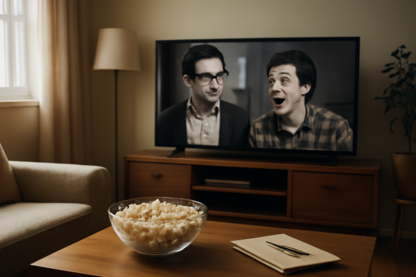 Suasana ruang tamu dengan televisi menampilkan film komedi indie dan semangkuk popcorn