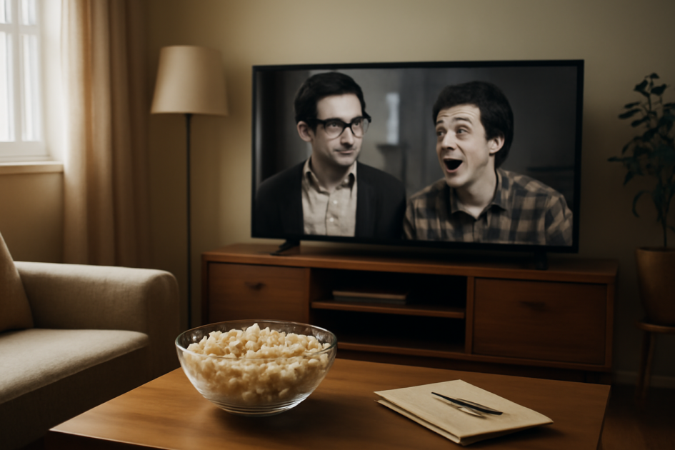 Suasana ruang tamu dengan televisi menampilkan film komedi indie dan semangkuk popcorn